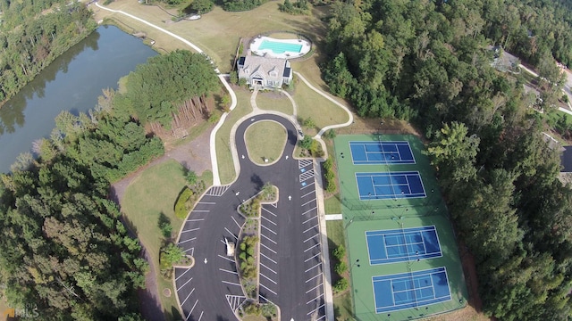 bird's eye view with a water view