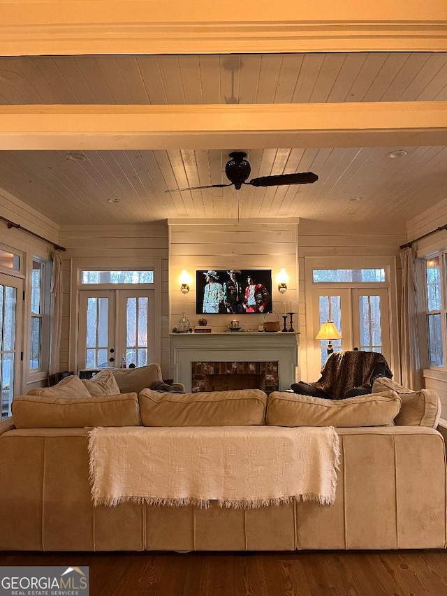 182 Rogers St, Hazlehurst, GA 31539 - living room featuring wood ceiling, french doors, and dark wood-style floors