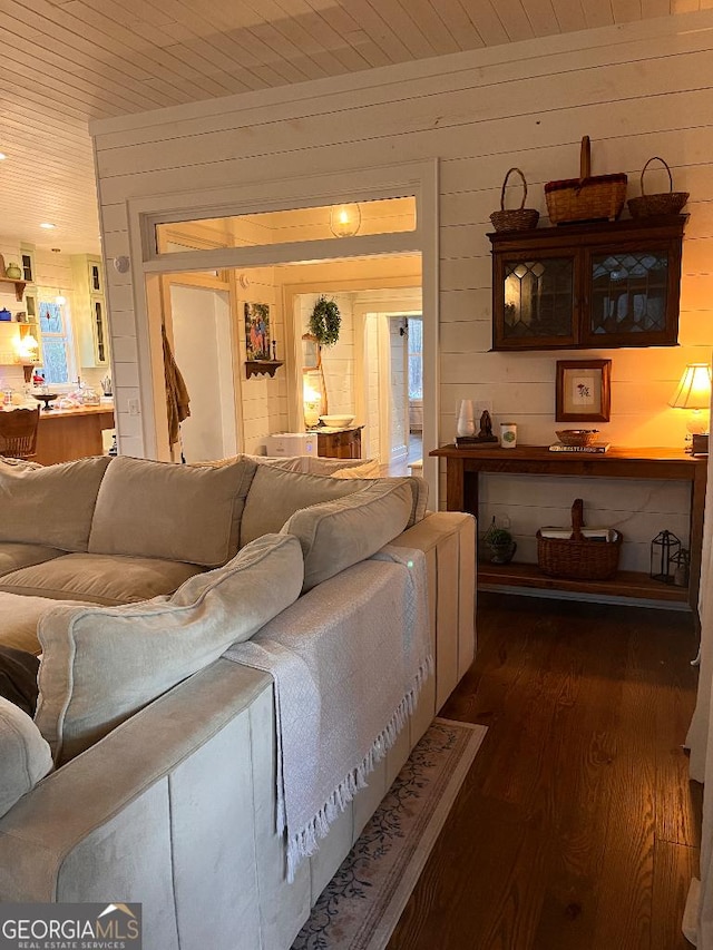 182 Rogers St, Hazlehurst, GA 31539 - living room featuring wooden walls, dark wood-style flooring, and wood ceiling