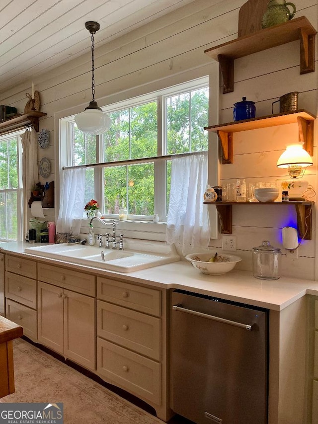 182 Rogers St, Hazlehurst, GA 31539 - kitchen featuring dishwasher, open shelves, light countertops, and hanging light fixtures