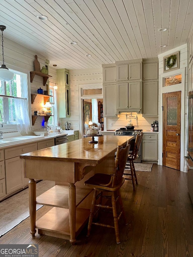 182 Rogers St, Hazlehurst, GA 31539 - kitchen with wooden ceiling, butcher block counters, dark wood-style floors, a center island, and decorative light fixtures