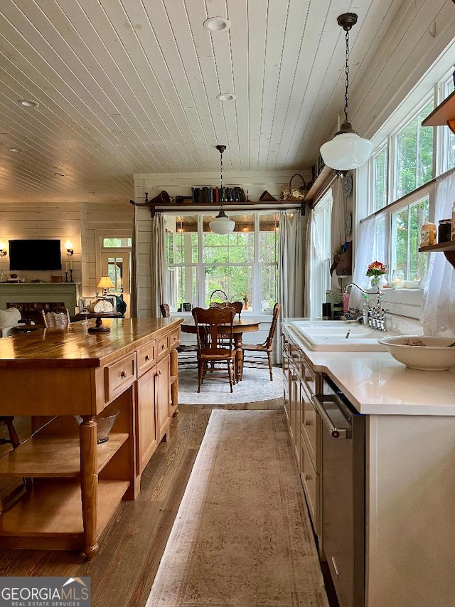 182 Rogers St, Hazlehurst, GA 31539 - kitchen featuring dishwasher, a sink, dark wood finished floors, wooden ceiling, and healthy amount of natural light