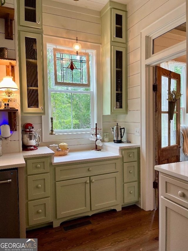 182 Rogers St, Hazlehurst, GA 31539 - kitchen with light countertops, dishwasher, dark wood-style flooring, healthy amount of natural light, and wooden walls