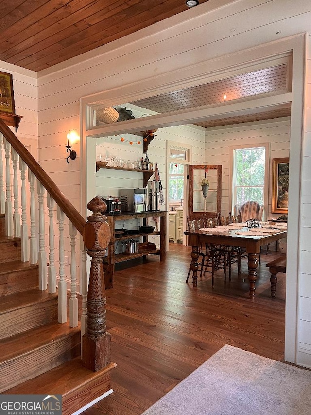 dining space with dark wood-type flooring and wooden ceiling