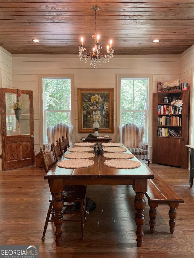 dining space with hardwood / wood-style floors, wood ceiling, plenty of natural light, and wood walls