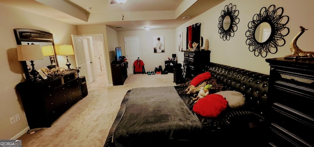 bedroom featuring light colored carpet and a raised ceiling