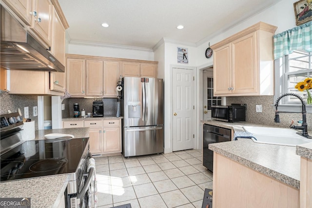 kitchen with light tile patterned flooring, light brown cabinetry, sink, ornamental molding, and black appliances