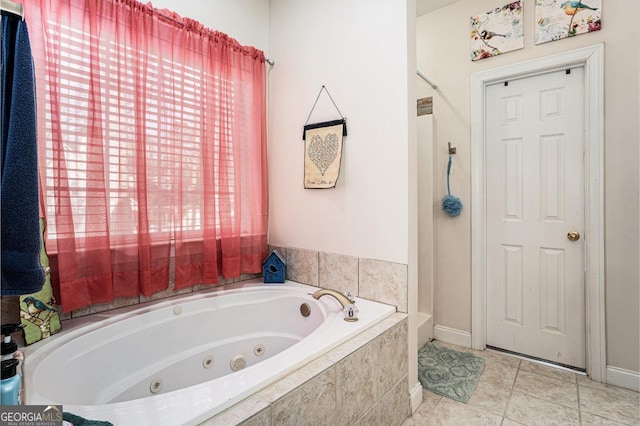 bathroom featuring tile patterned flooring and plus walk in shower