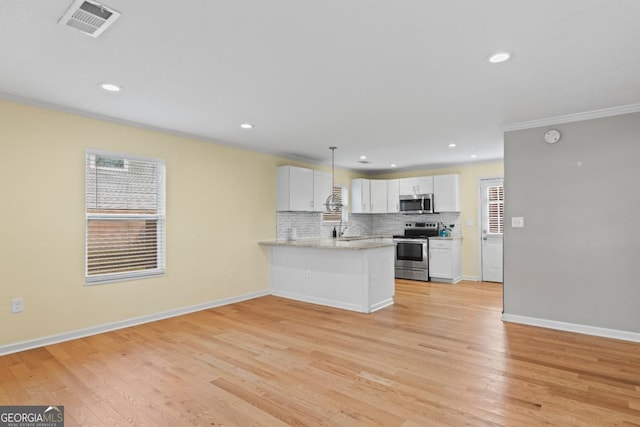 kitchen featuring white cabinetry, tasteful backsplash, decorative light fixtures, kitchen peninsula, and stainless steel appliances