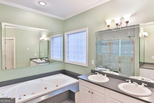 bathroom featuring a chandelier, ornamental molding, vanity, and independent shower and bath