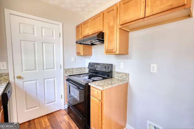 kitchen with black electric range oven, light hardwood / wood-style flooring, dishwasher, light stone countertops, and a textured ceiling