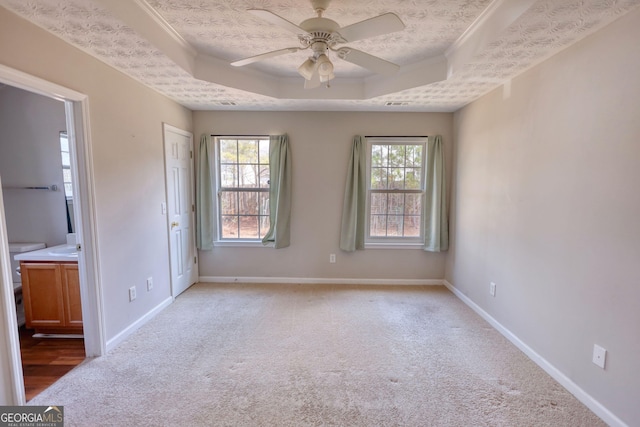 carpeted spare room with a textured ceiling, a raised ceiling, and a healthy amount of sunlight