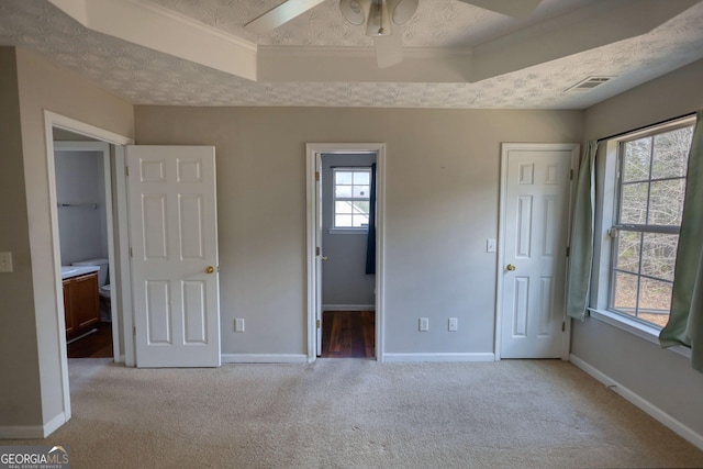 unfurnished bedroom featuring a raised ceiling, light carpet, and a textured ceiling