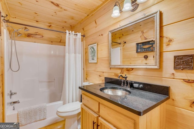 full bathroom with toilet, wooden ceiling, wood walls, and shower / bath combo with shower curtain