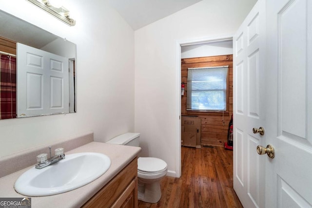 bathroom featuring vanity, hardwood / wood-style floors, and toilet