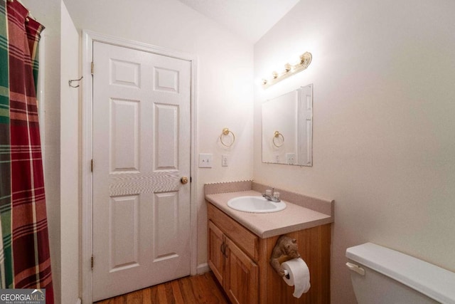 bathroom with vanity, hardwood / wood-style flooring, and toilet