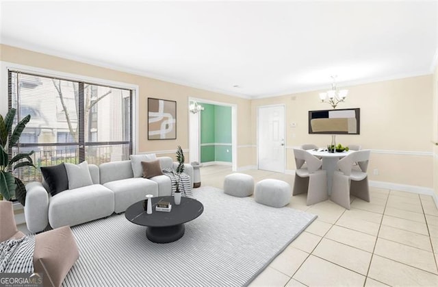 living room featuring light tile patterned floors, ornamental molding, and a chandelier