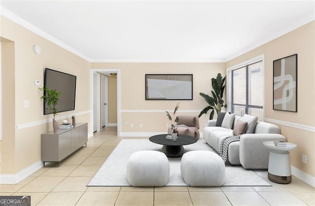 tiled living room featuring crown molding