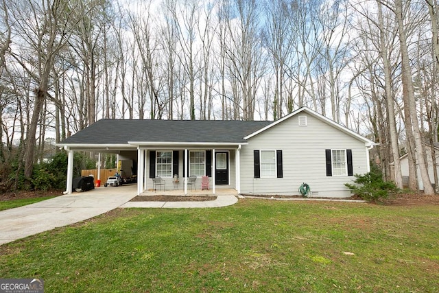 ranch-style house with a carport, covered porch, and a front lawn