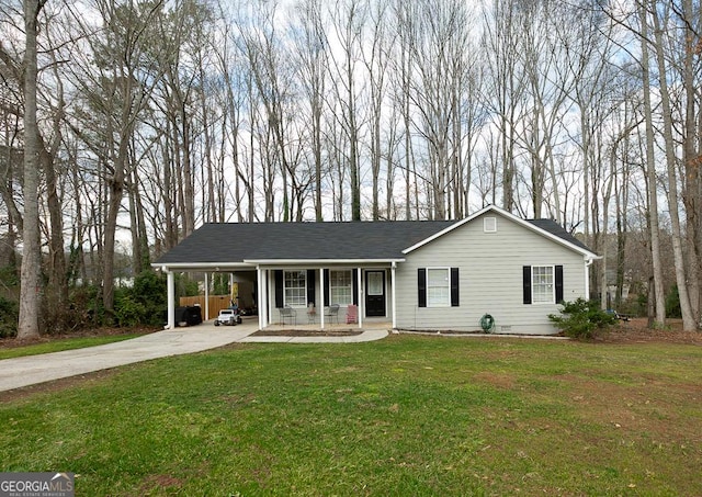 ranch-style house with a porch, a carport, and a front yard