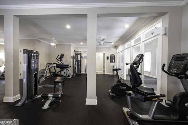 gym featuring crown molding and ceiling fan