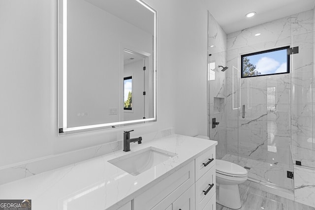 bathroom with vanity, a shower with shower door, and toilet