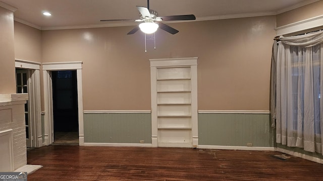 interior space with crown molding, ceiling fan, and dark hardwood / wood-style flooring