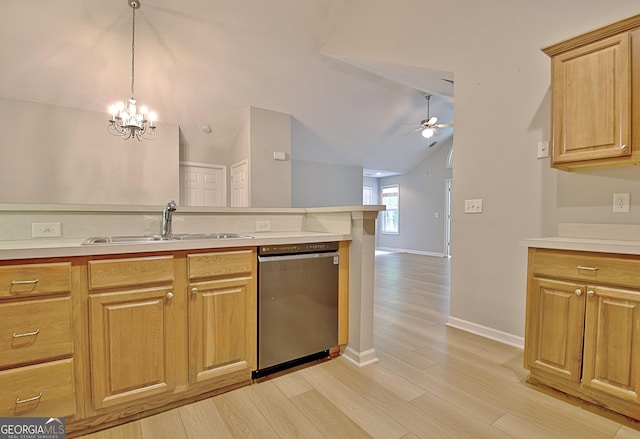 kitchen featuring sink, light hardwood / wood-style flooring, ceiling fan with notable chandelier, dishwasher, and decorative light fixtures