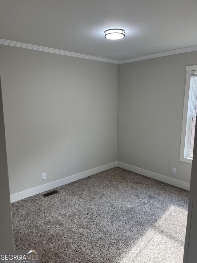 empty room with crown molding and carpet