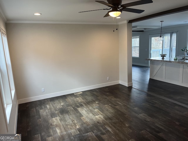 spare room featuring crown molding, dark hardwood / wood-style floors, sink, and ceiling fan