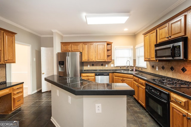 kitchen with black appliances, a sink, open shelves, a center island, and tile countertops