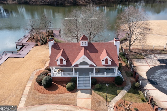 aerial view featuring a water view