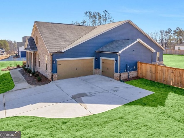 view of property exterior with a garage and a lawn