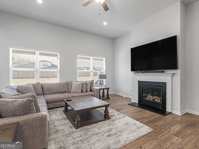 living room with ceiling fan and light hardwood / wood-style flooring