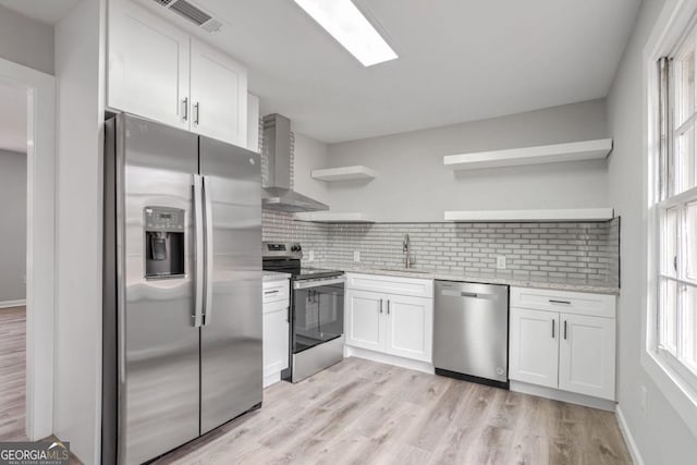 kitchen with sink, tasteful backsplash, light hardwood / wood-style flooring, stainless steel appliances, and white cabinets