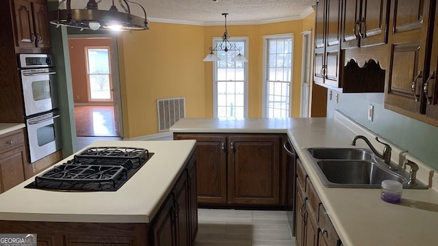 kitchen featuring appliances with stainless steel finishes, a wealth of natural light, sink, ornamental molding, and a textured ceiling