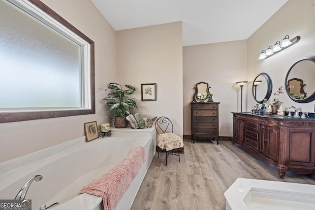 bathroom featuring vanity, a washtub, and hardwood / wood-style flooring