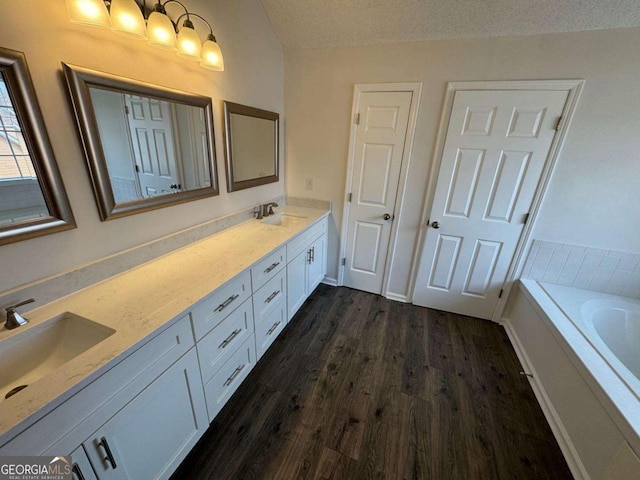 bathroom with vanity, a bathing tub, and hardwood / wood-style floors