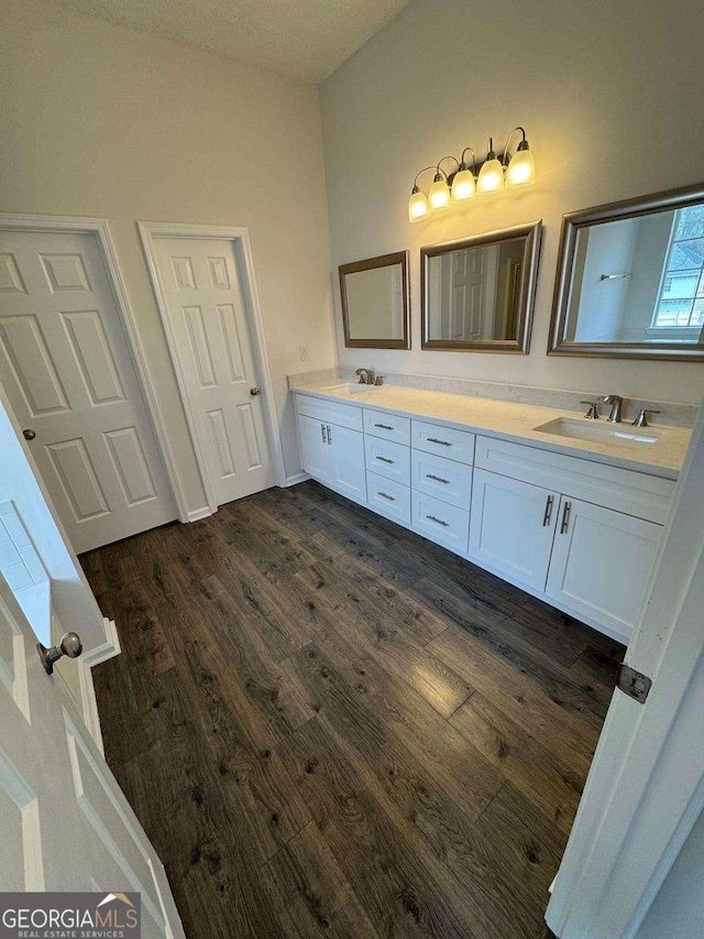 bathroom with vanity and wood-type flooring