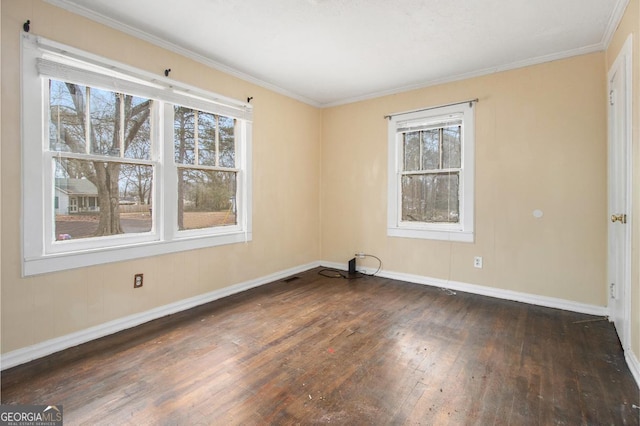 unfurnished room with crown molding and dark hardwood / wood-style floors