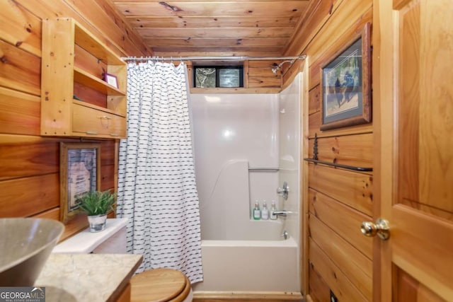 425 River Bend Ct, Ellijay, GA 30540 - bathroom featuring wooden ceiling, vanity, and shower / bath combo with shower curtain