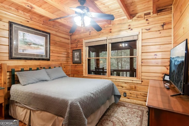 bedroom featuring wood ceiling, beam ceiling, and wood walls