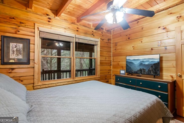 bedroom with wooden walls, beam ceiling, and wooden ceiling