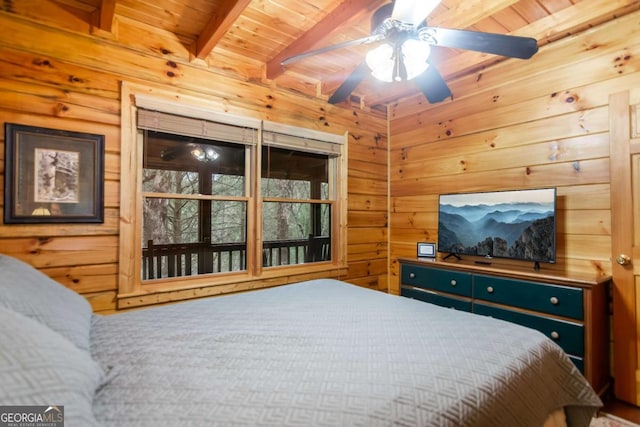 425 River Bend Ct, Ellijay, GA 30540 - bedroom featuring wooden walls and a wood ceiling with exposed beams