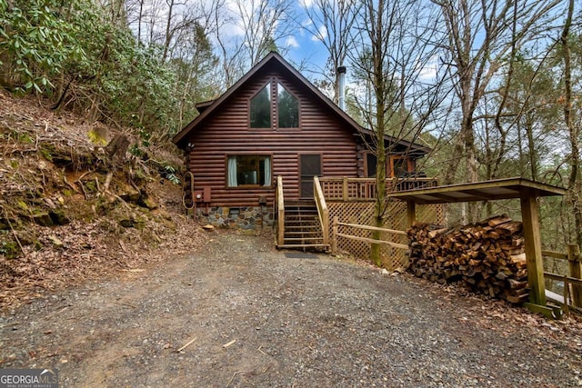 425 River Bend Ct, Ellijay, GA 30540 - exterior space with crawl space, log siding, a deck, and stairs