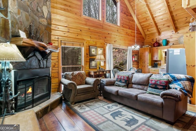425 River Bend Ct, Ellijay, GA 30540 - living area featuring high vaulted ceiling, a stone fireplace, wooden ceiling, wooden walls, and hardwood / wood-style flooring
