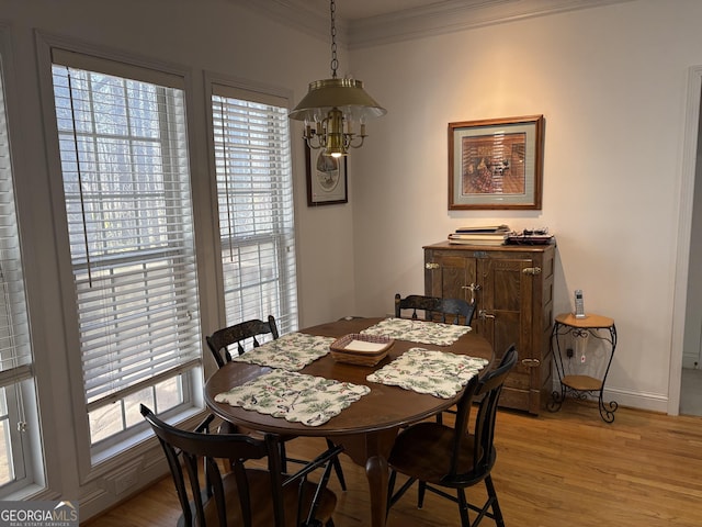 dining area featuring crown molding, a healthy amount of sunlight, and light wood finished floors