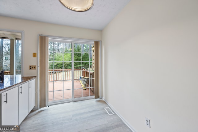 doorway featuring light hardwood / wood-style flooring, plenty of natural light, and a textured ceiling