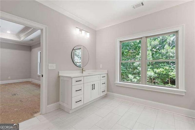 bathroom featuring ornamental molding and vanity