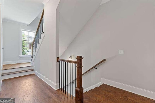 stairway featuring hardwood / wood-style flooring